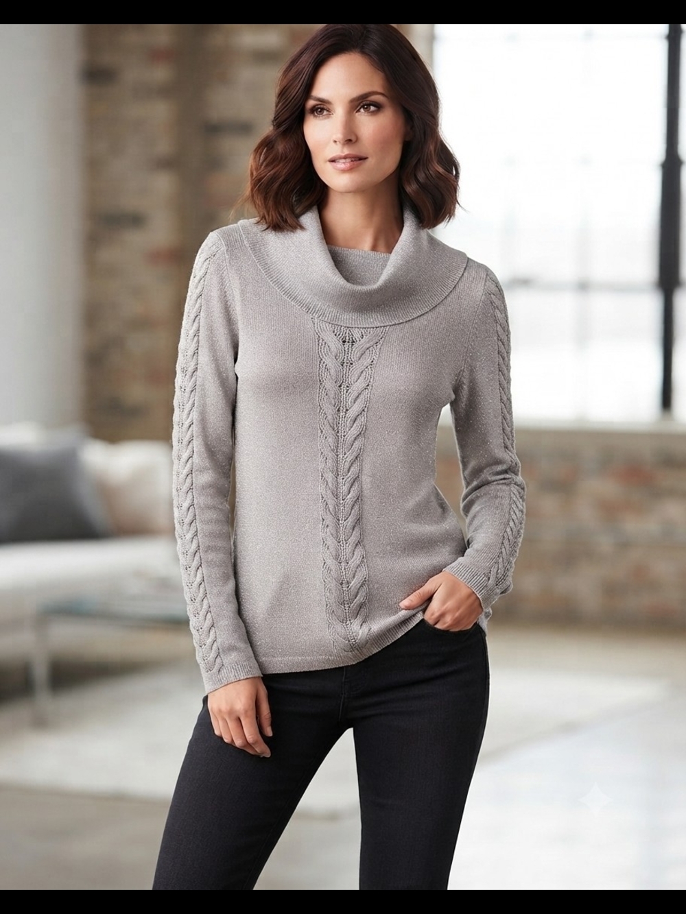 White House Black Market Light Gray Cowl Neck Cable Sweater